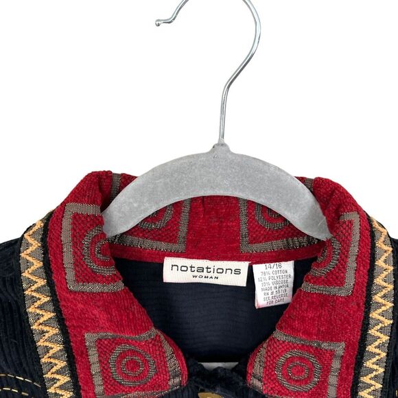 Notations Women Corduroy Jacket Beaded Embroidered Patch Boho Black Red Sz 14/16 - Picture 5 of 5